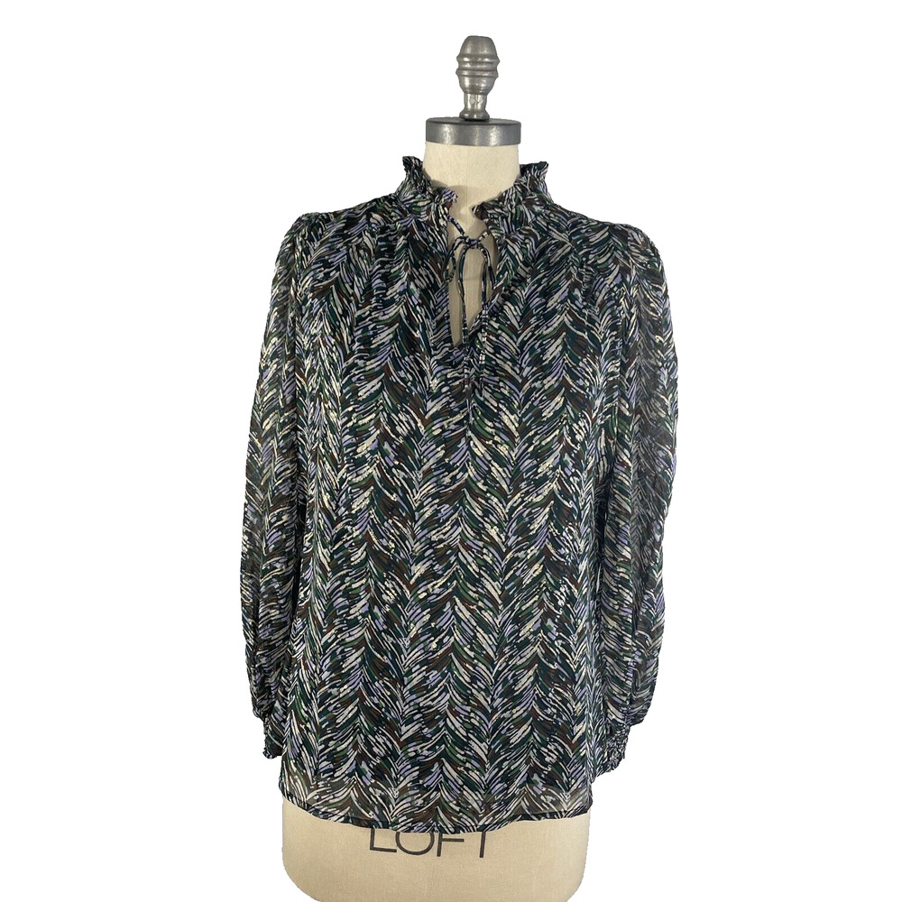 Ophelia Roe Womens S Blouse Keyhole Tie Ruffled Neck Long Sleeves Multicolor Top